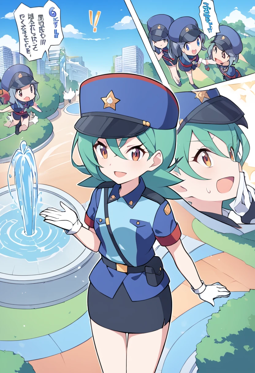 punctuation_9, punctuation_8_High above, punctuation_7_High above, punctuation_6_High above, fountain_アニメ, BREAKING 1girl pkmnJenny, hair green, blue hat, uniforme policial, shirt blue, manga curta, waist belt, pencil skirt, whitegloves, looking ahead at viewer, glad, citys, salutation, blue sky, High aboveper body