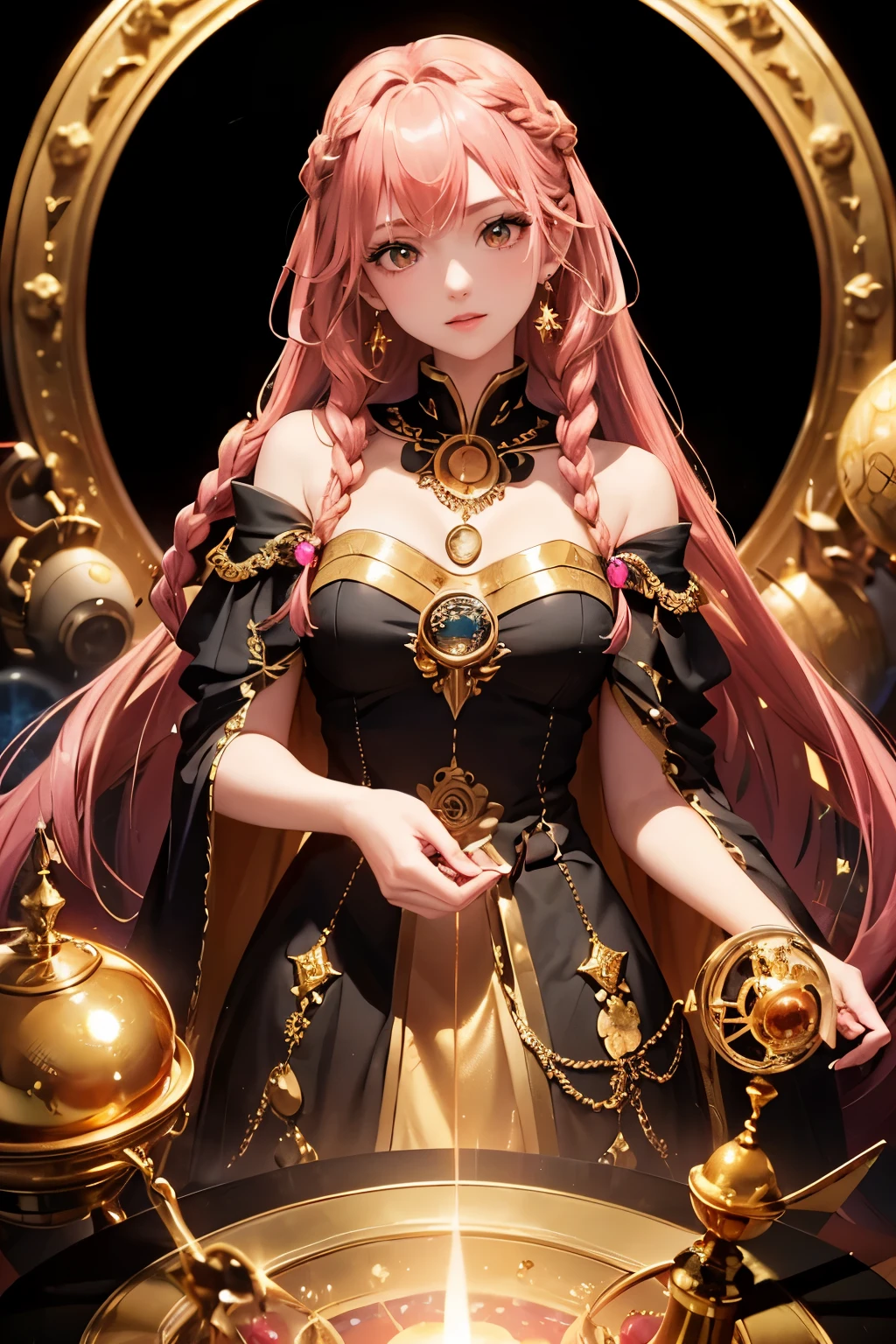 (Highest quality、Highest quality、Masterpiece、Very delicate、Very detailed、Exquisite、16K、Full HD)、1 female、(Alchemist)、(Golden dress、gem、Silver decoration、Copper-colored decoration)、Small breasts、Perfect body line、Glowing Skin、(Groomed eyebrows、Pink Lips、Black Eyeysterious Face)、(Golden Hair、Braid、Medium Hair、Shiny Hair、Golden monocle)、Dramatic lighting、(universe、Black Hole)