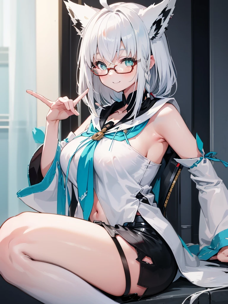 Glasses, shirakami fubuki, Highest quality,wonderful,masterpiece,delicate,Ultra-high resolution,Very detailed,Intricate details,beautiful,8k resolution,(Highly detailed CG Unity 8K wallpapers),Sharp focus、1 female、Gray long Hair, One-sided knitting, Ahoge, Fox Tail、Glowing Skin、Big Breasts、cute、、beautiful eyes、sexy、smile、joy、happiness、Three-dimensional feeling of body parts, Realistic skin texture、Glasses、fubuki Default, White blouse, [abdomen::12], Removable sleeves, Black shorts, Blue neckerchief, Thigh straps, Single knee socks