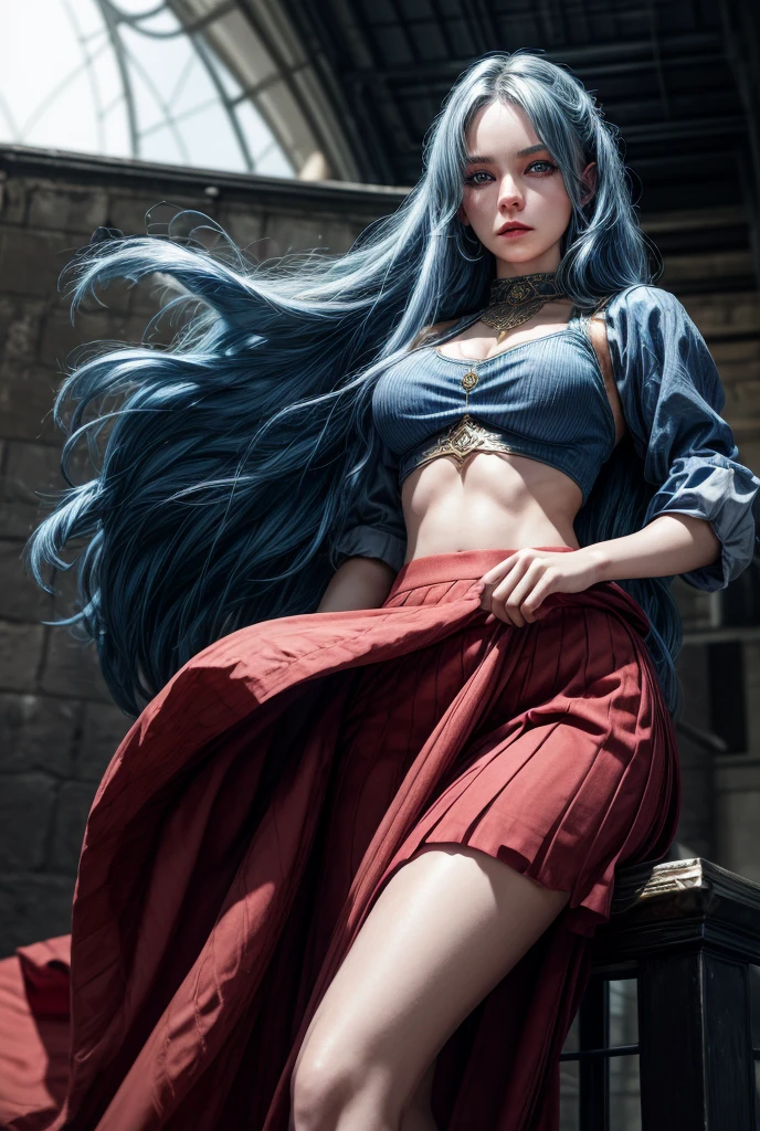 1girl, solo, masterpiece, high quality, full length, noblewoman, crop top, skirt, aasimar, fantasy, blue hair, blue eyes, midriff, perfect body, perfect face, muscular, abs