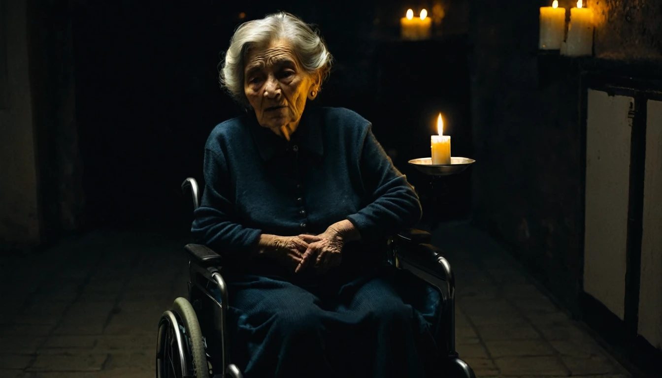 Ugliest old woman in a wheelchair, woman standing pushing her, dark atmosphere, little candlelight