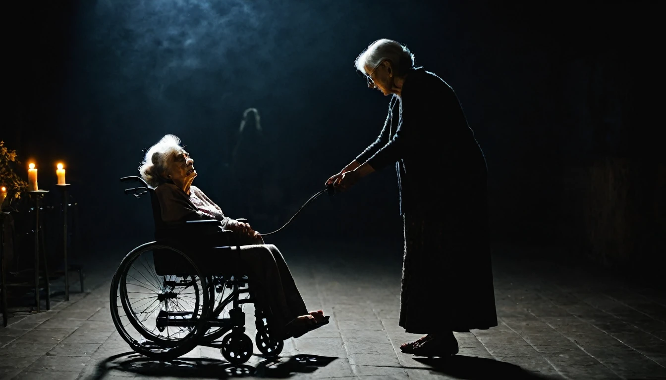 Ugliest old woman in a wheelchair, woman standing pushing her, dark atmosphere, little candlelight