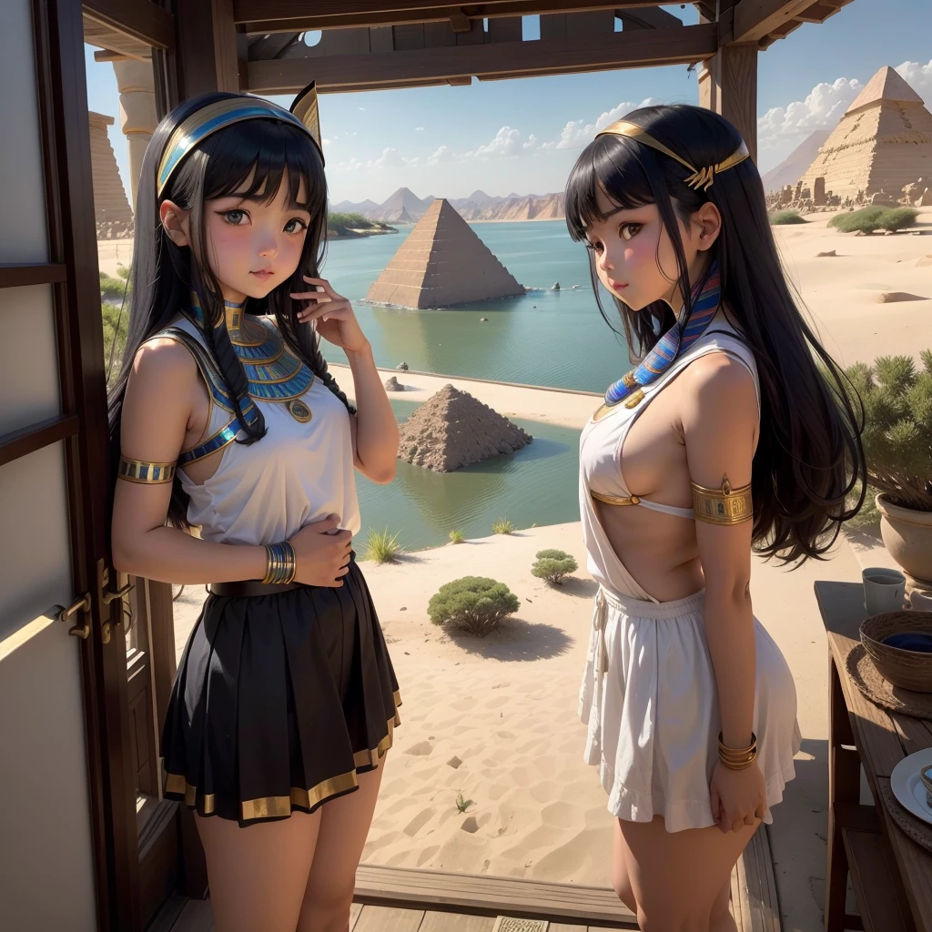 かわいいAncient Egyptの15歳の女の子、Ancient Egypt、View of the Nile、A colorful view of the whole、whole body、Low - Angle、Standing posture、Reeds are growing、Ancient Egyptの船、Ancient Egyptの風景