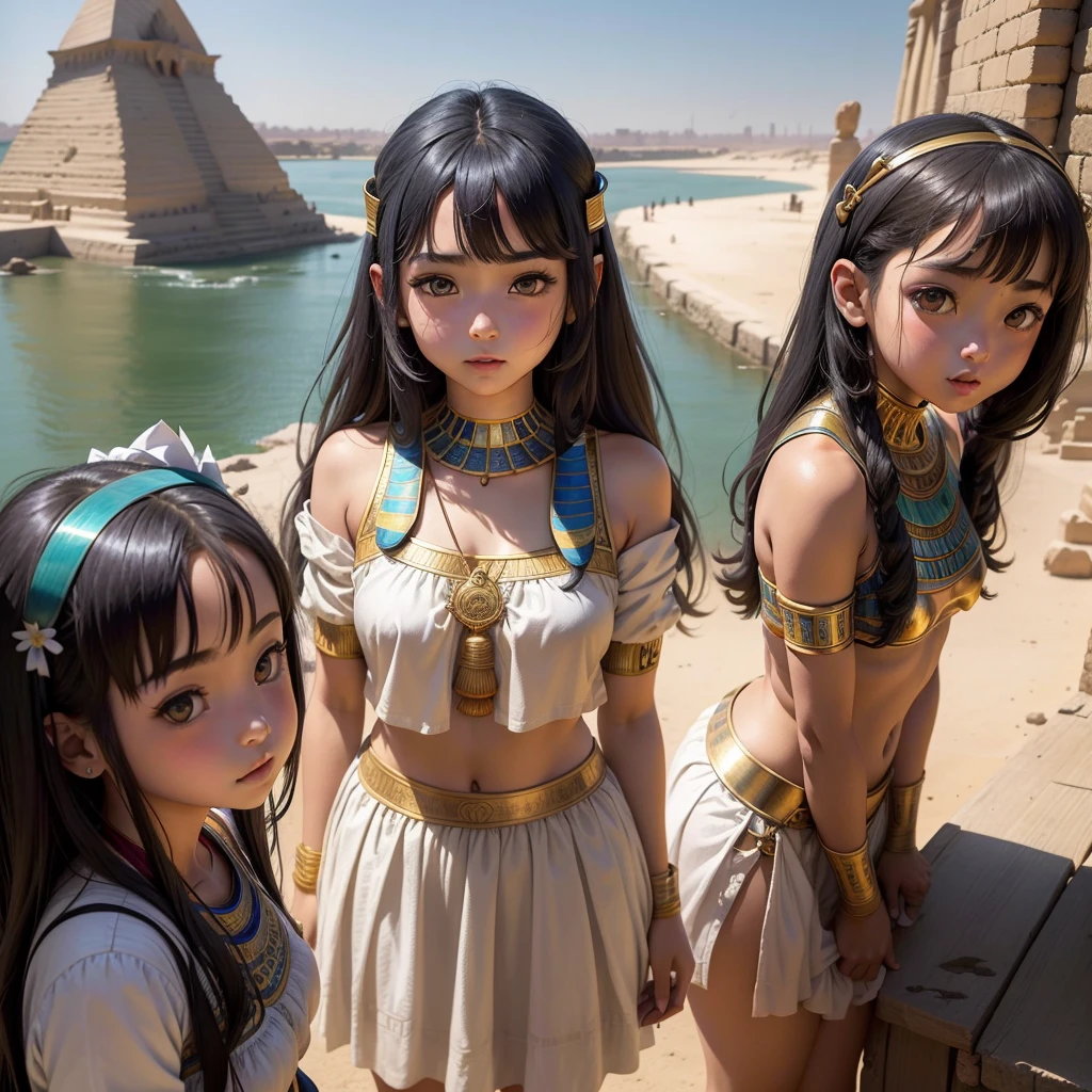 かわいいAncient Egyptの15歳の女の子、Ancient Egypt、View of the Nile、A colorful view of the whole、whole body、Low - Angle、Standing posture、Reeds are growing、Ancient Egyptの船、Ancient Egyptの風景