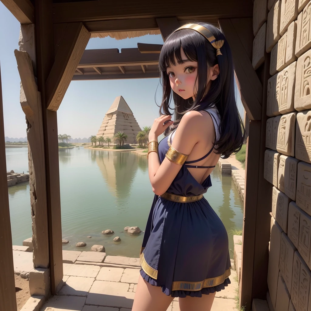 かわいいAncient Egyptの15歳の女の子、Ancient Egypt、View of the Nile、A colorful view of the whole、whole body、Low - Angle、Standing posture、Reeds are growing、Ancient Egyptの船、Ancient Egyptの風景