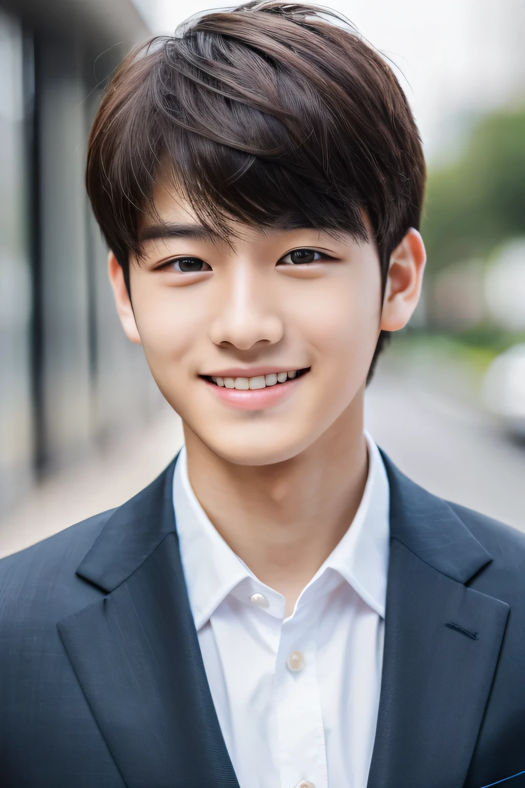 Highest quality, masterpiece, Ultra-high resolution, (Realistic: 1.4), Original photo, wallpaper, Head Photo, skin, Simple Background, Iris, detailed, Selfie, 1 boy, 18-year-old, good looking, Wind,Asahi、suit、smile