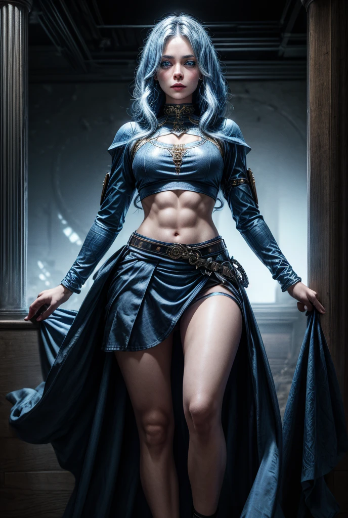 1girl, solo, masterpiece, high quality, full length, noblewoman, crop top, skirt, aasimar, fantasy, blue hair, blue eyes, midriff, perfect body, perfect face, muscular, abs, tall