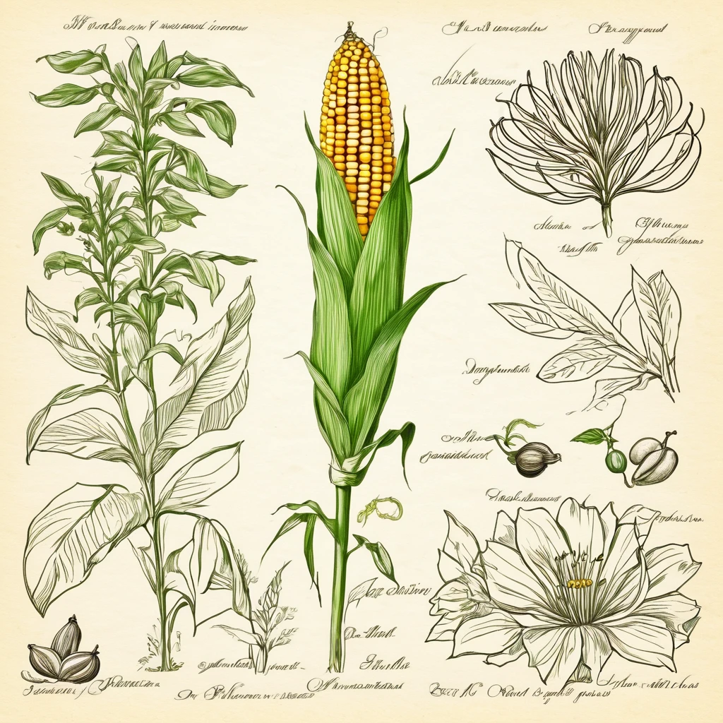 I want a drawing of corn and its plant in the style of an old explanatory sketch, on a sheet of paper. The drawing must include all the elements of the plant: estate, Stems, leaves, flowers and fruits. It is important that the style is detailed and realistic, as if it were part of a field notebook.The drawing should be in soft and natural tones, avoiding strong colors. Colors should be subtle, similar to those that might have been used in old illustrations, with a palette of greens, brown and cream tones. Illustrations must include anatomical details, as cross sections of fruits and seeds. This explanation was more than enough and very good. I would also like cuts inside the fruit or plant and the entire plant must be colorful but with soft tonal colors..
