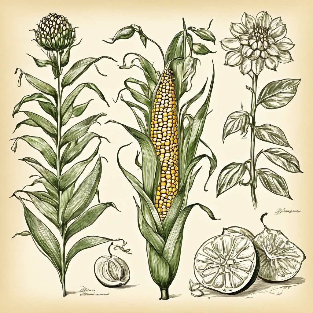 I want a drawing of corn and its plant in the style of an old explanatory sketch, on a sheet of paper. The drawing must include all the elements of the plant: estate, Stems, leaves, flowers and fruits. It is important that the style is detailed and realistic, as if it were part of a field notebook.The drawing should be in soft and natural tones, avoiding strong colors. Colors should be subtle, similar to those that might have been used in old illustrations, with a palette of greens, brown and cream tones. Illustrations must include anatomical details, as cross sections of fruits and seeds. This explanation was more than enough and very good. I would also like cuts inside the fruit or plant and the entire plant must be colorful but with soft tonal colors..