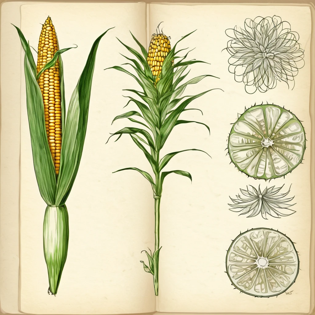 I want a drawing of corn and its plant in the style of an old explanatory sketch, on a sheet of paper. The drawing must include all the elements of the plant: estate, Stems, leaves, flowers and fruits. It is important that the style is detailed and realistic, as if it were part of a field notebook.The drawing should be in soft and natural tones, avoiding strong colors. Colors should be subtle, similar to those that might have been used in old illustrations, with a palette of greens, brown and cream tones. Illustrations must include anatomical details, as cross sections of fruits and seeds. This explanation was more than enough and very good. I would also like cuts inside the fruit or plant and the entire plant must be colorful but with soft tonal colors..
