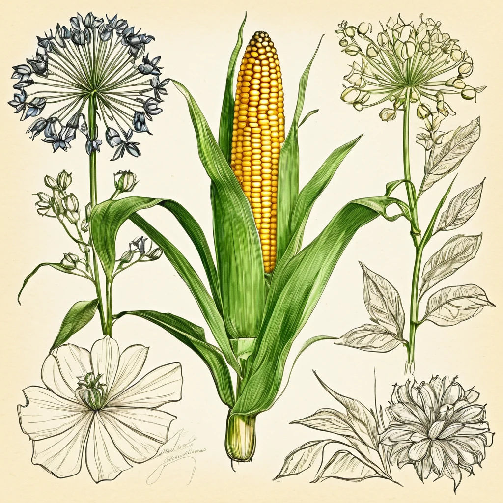 I want a drawing of corn and its plant in the style of an old explanatory sketch, on a sheet of paper. The drawing must include all the elements of the plant: estate, Stems, leaves, flowers and fruits. It is important that the style is detailed and realistic, as if it were part of a field notebook.The drawing should be in soft and natural tones, avoiding strong colors. Colors should be subtle, similar to those that might have been used in old illustrations, with a palette of greens, brown and cream tones. Illustrations must include anatomical details, as cross sections of fruits and seeds. This explanation was more than enough and very good. I would also like cuts inside the fruit or plant and the entire plant must be colorful but with soft tonal colors..