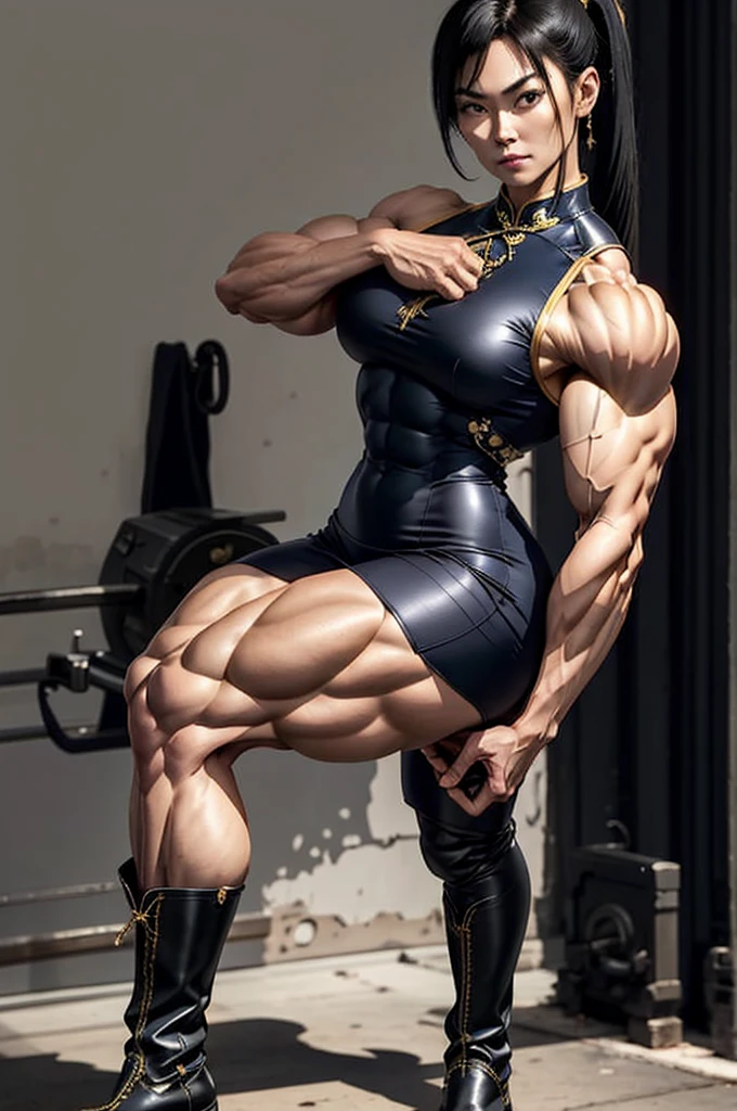 Detailed face, neat face, 8 K, HQ, art station, ((full body)), 8 life, tall, long legs, ponytail, black hair, beautiful face, 35 year old western woman, weight 110kg, tall 185cm, sexy standing pose, right hand on hip, qi-pao, cheongsam, dragon pattern, gold embroidery, navy blue cheongsam, sleeveless, legs visible through slit, (knee-length long boots), (black leather long boots), (pin heel boots), ((Strong physique like a male bodybuilder)), raised muscles, protruding muscles, ((Muscular thick neck)), split abs, blood vessels protruding from the arms, thick blood vessels protruding from the thighs, model photo session, flaunting muscles, showing off monstrous power, muscular! !! , bodybuilding, protruding armpit hair