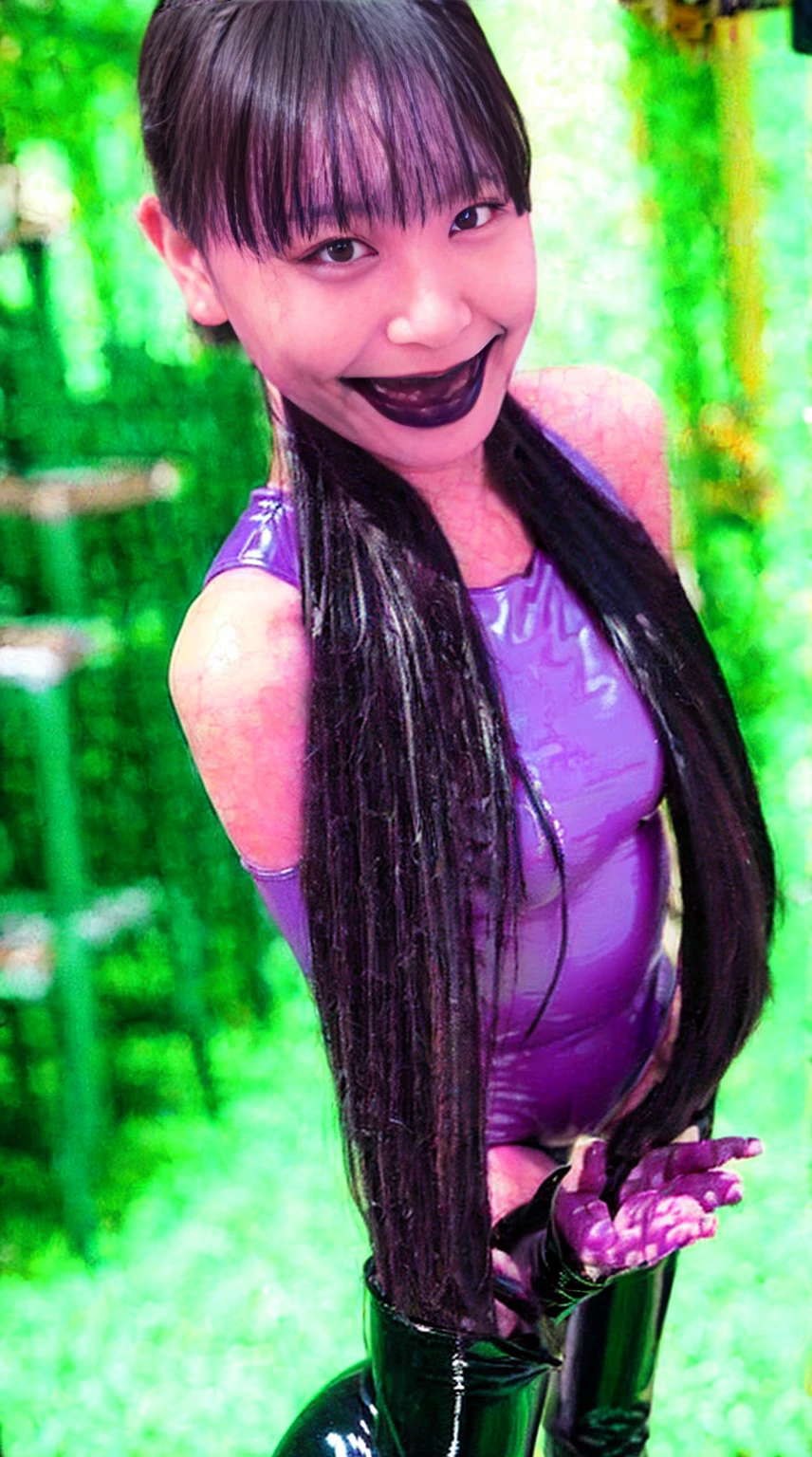 Purple and black tight latex high leg leotard、Tight and protruding nipples、Wicked Smile、Black and purple tight latex leotard、Hollow Eyes、Euphoric、Very dark black makeup、Jet black lipstick、Legs spread in an M shape、Abandoned factory in the suburbs、Latex long boots、Wearing long latex gloves、
