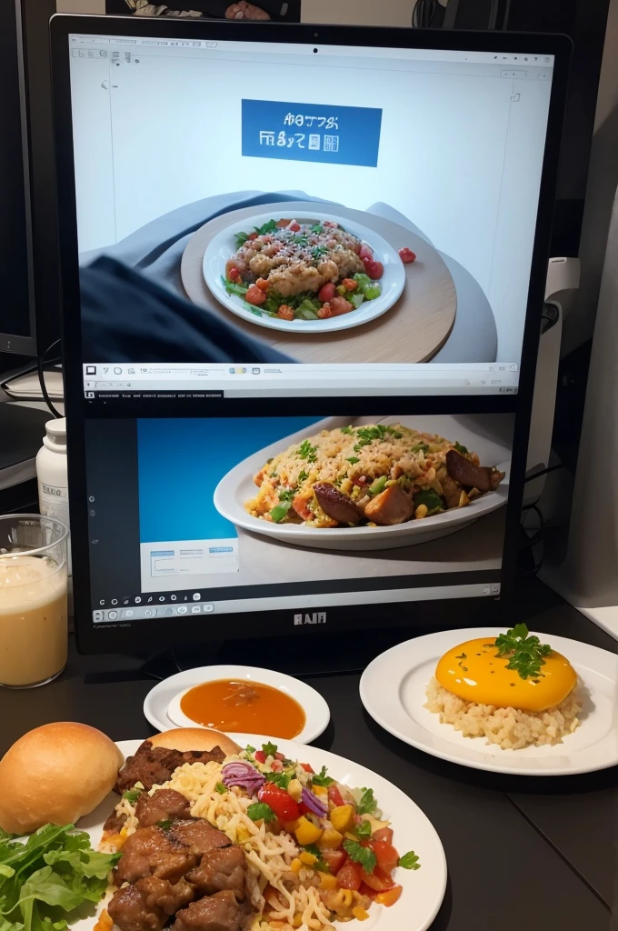 I want a logo that is a plate of food that makes it appear that it is a computer screen and in the.man, it has a play button but it is remembered like some food 