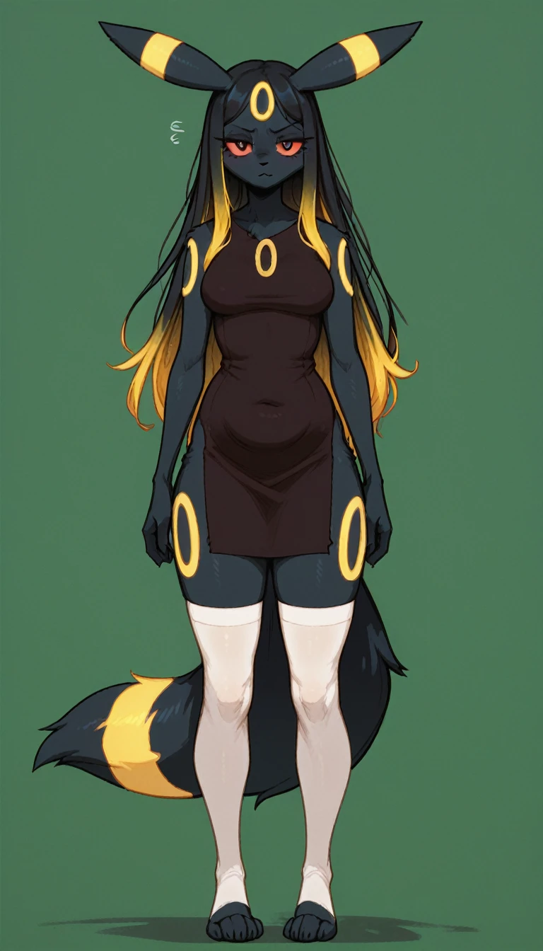 Tired expression, 1girl, anthro, furry, fur, fluffy fur, umbreon girl, black hair (yellow highlights), red eyes, long hair, straight hair, (19 years), medium breast, thighs, solo, (green background), detailed, black dress, white stockings, (closed mouth), annoyed, yellow eye shadow, (full body), standing, score_9, score_8_up, score_7_up, score_6_up, score_5_up, score_4_up thicc huge tits chubby