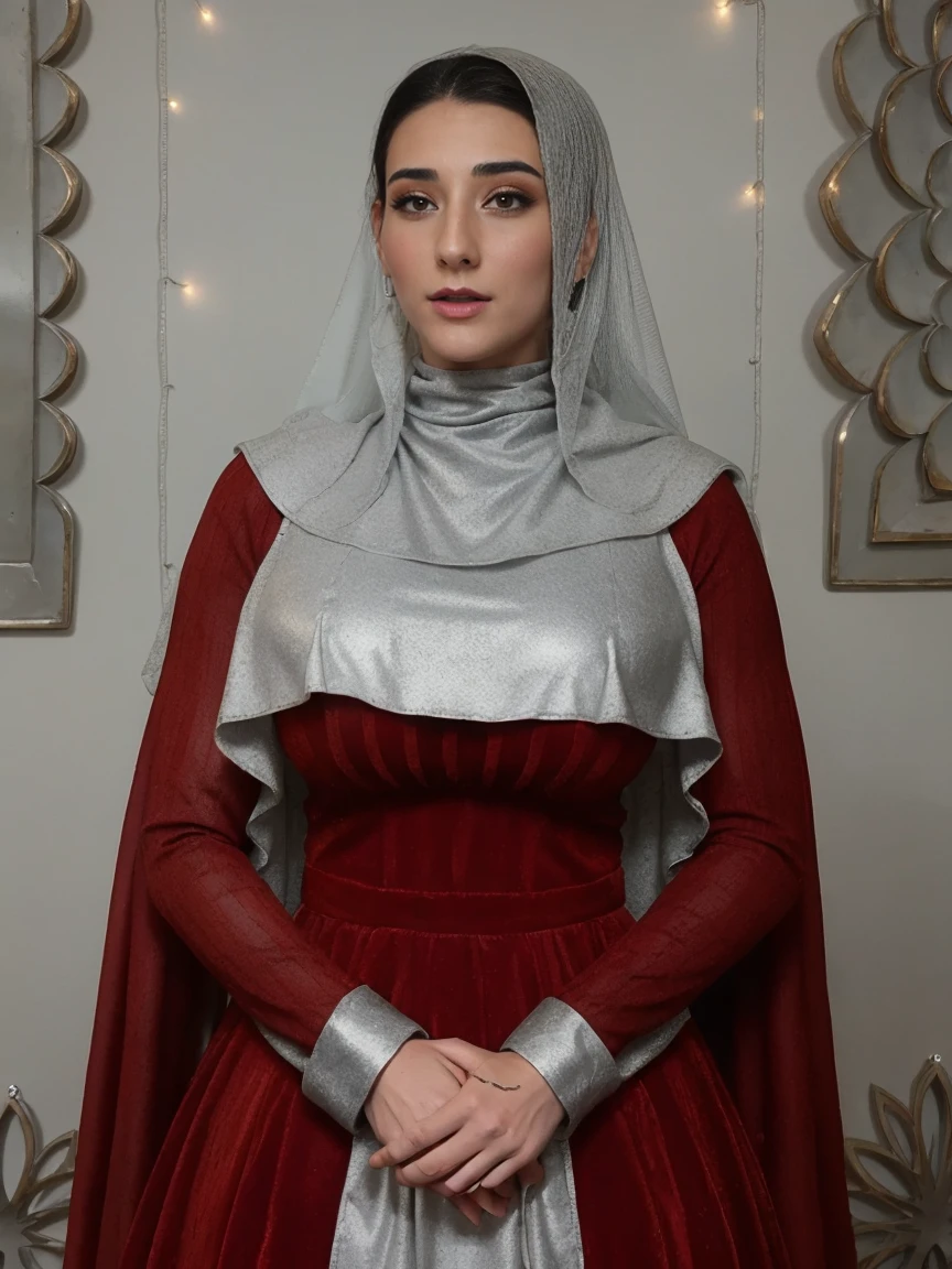 Gorgeous and sultry busty athletic (thin) brunette queen with sharp facial features wearing a modest updo, dark red medieval dress, long sleeves, intricate patterns, scrollwork, wide neck, crown, veil, long dress, modest dress, tight bodice, (silver waist chain), medieval jewelry, Middle Ages, castle, rampart, wall, stained glass
