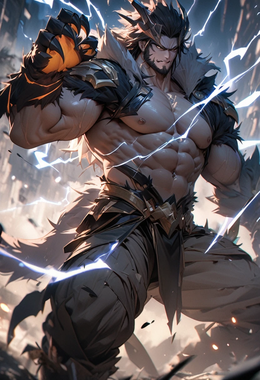 masterpiece, 8k, best quality, highly detailed, a male human warrior wearing a pair of electrified beast claws on his hands with lightning crackling around him