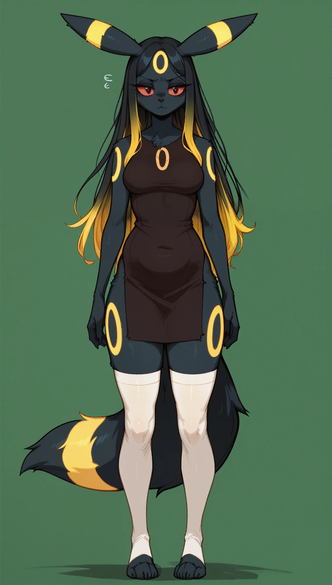 Tired expression, 1girl, anthro, furry, fur, fluffy fur, umbreon girl, black hair (yellow highlights), red eyes, long hair, straight hair, (19 years), medium breast, thighs, solo, (green background), detailed, black dress, white stockings, (closed mouth), annoyed, yellow eye shadow, (full body), standing, score_9, score_8_up, score_7_up, score_6_up, score_5_up, score_4_up thicc huge tits chubby