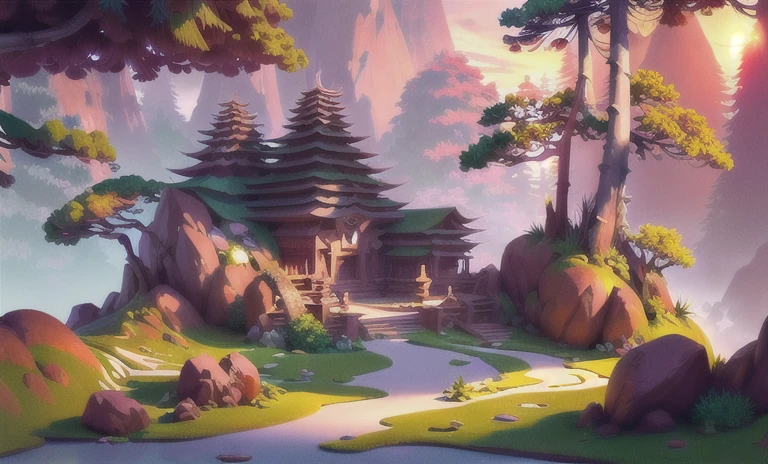 neglect, forest paths, large clusters of trees, pine trees, tall mountains, bamboo, bamboo forests, bathed in the sunset, natural rocks(Extremely detailed CG 8k unity wallpaper, work of art, best qualityer, ultra detali, best shade) treat the scene as a representation of separate props for 3D creation, reference for sculpting a scene in ZBrush step by step