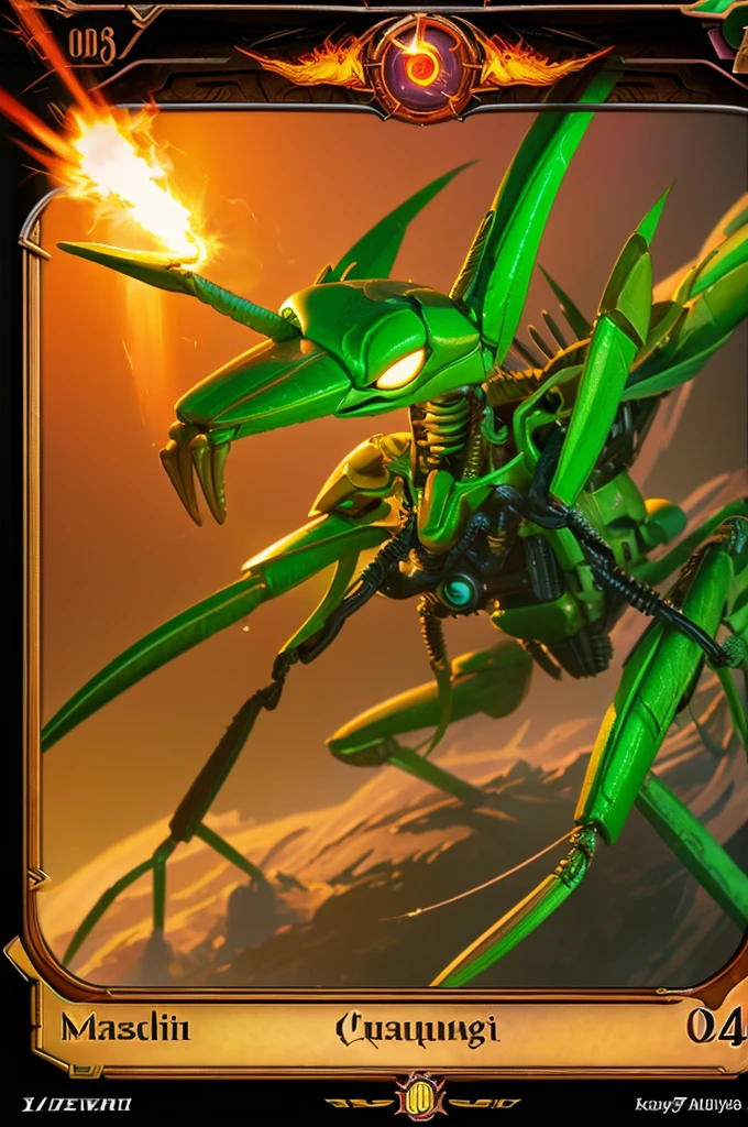 ((best quality)), ((masterpiece)), (detailed), A mechanical praying mantis with a glowing power supply on its back in the art style of magic The gathering plane of kaladesh