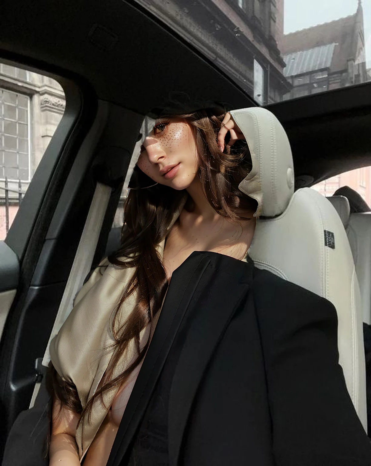 Create a highly realistic solo and beautiful solo model with the following detailed features: Gender: Female, Age: Young adult (approximately 20-25 years old), Hair: Long, wavy and reddish with a natural shine, gently cascading around the shoulders and back. . . . . . . . . . . . . , Eyes: Bright green with a captivating, slightly almond-shaped look, detailed with natural highlights, Skin: Fair complexion with a light texture, including natural freckles on the nose and cheeks, giving a youthful and vibrant appearance: Fair complexion with a light texture, including natural freckles on the nose and cheeks, giving a youthful and lively appearance, Face: with a smooth and natural contour, soft, full lips with a slight pinkish tint and a slightly delicate upturned nose, Expression : a gentle face, with a touch of mischief, which conveys warmth and approachability, solo, Clothing: in a black suit and black sunglasses sitting in her car, wearing a black suit, a black suit, a beige trench coat, a black outfit, a black suit, glasses, a black sober suit, and a beige trench coat, a black silky outfit, fashionable black clothes, a beige trench coat, a Girl in a suit, wears black clothes, Girl in a solo suit, Smooth black tight-fitting suit, wears an elegant outfit, a beige trench coat, chic haute couture, All black, Background: the model is her car, sitting in car, car, car
Pose: solo relaxed and confident posture, sitting in her car, front view, selfie, front selfie, white, white leather of the front selfie car, aesthetic, Unsplash, Neoclassicism, Complex background, Best quality, hyper detailed, Gratty Sita, 64K, Light design, solo