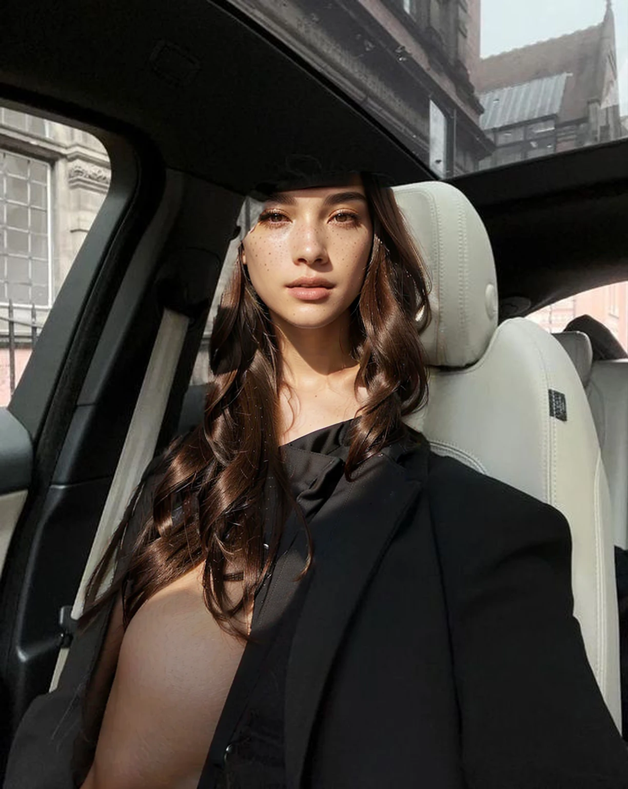 Create a highly realistic solo and beautiful solo model with the following detailed features: Gender: Female, Age: Young adult (approximately 20-25 years old), Hair: Long, wavy and reddish with a natural shine, gently cascading around the shoulders and back. . . . . . . . . . . . . , Eyes: Bright green with a captivating, slightly almond-shaped look, detailed with natural highlights, Skin: Fair complexion with a light texture, including natural freckles on the nose and cheeks, giving a youthful and vibrant appearance: Fair complexion with a light texture, including natural freckles on the nose and cheeks, giving a youthful and lively appearance, Face: with a smooth and natural contour, soft, full lips with a slight pinkish tint and a slightly delicate upturned nose, Expression : a gentle face, with a touch of mischief, which conveys warmth and approachability, solo, Clothing: in a black suit and black sunglasses sitting in her car, wearing a black suit, a black suit, a beige trench coat, a black outfit, a black suit, glasses, a black sober suit, and a beige trench coat, a black silky outfit, fashionable black clothes, a beige trench coat, a Girl in a suit, wears black clothes, Girl in a solo suit, Smooth black tight-fitting suit, wears an elegant outfit, a beige trench coat, chic haute couture, All black, Background: the model is her car, sitting in car, car, car
Pose: solo relaxed and confident posture, sitting in her car, front view, selfie, front selfie, white, white leather of the front selfie car, aesthetic, Unsplash, Neoclassicism, Complex background, Best quality, hyper detailed, Gratty Sita, 64K, Light design, solo