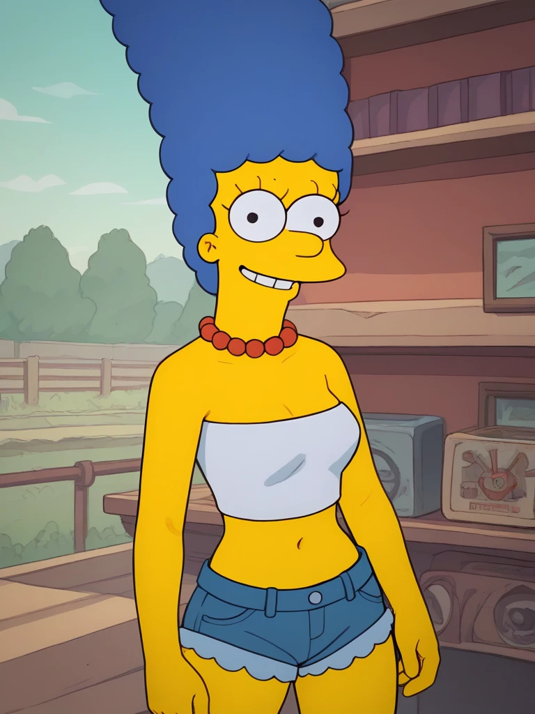 marges, blue hair, 1girl, solo, yellow skin, pearl necklace,strapless, short shorts, smile, score_9, score_8_up, score_7_up, score_6_up, score_5_up, score_4_up, looking at viewer,outdoors, portrait, upper body, zPDXL flat color,