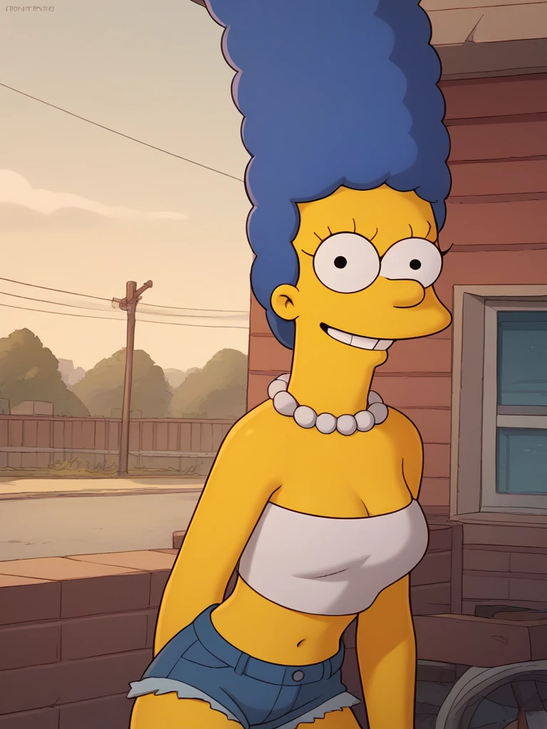 marges, blue hair, 1girl, solo, yellow skin, pearl necklace,strapless, short shorts, smile, score_9, score_8_up, score_7_up, score_6_up, score_5_up, score_4_up, looking at viewer,outdoors, portrait, upper body, zPDXL flat color,