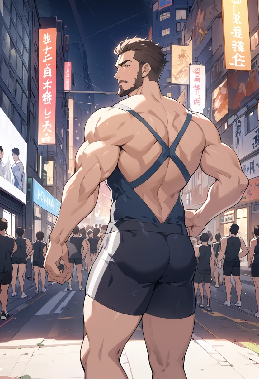 best qualityer, work of art, Super high resolution, detailed back ground, 真实感, Illustrations, Solteiro, ****ung boy, Street, muscle, volumetric lighting, Depth of field, facial hair, fitness instructor