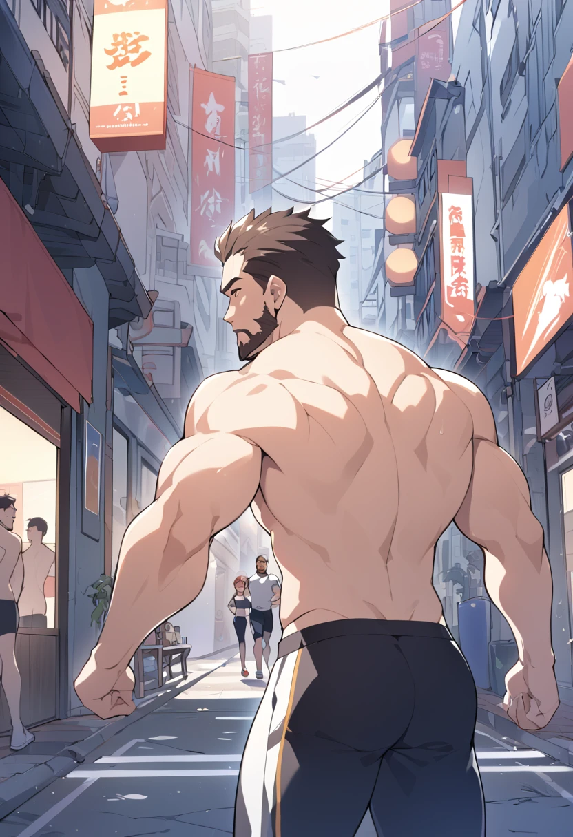 best qualityer, work of art, Super high resolution, detailed back ground, 真实感, Illustrations, Solteiro, 1 young boy, Street, muscle, volumetric lighting, Depth of field, facial hair, fitness instructor