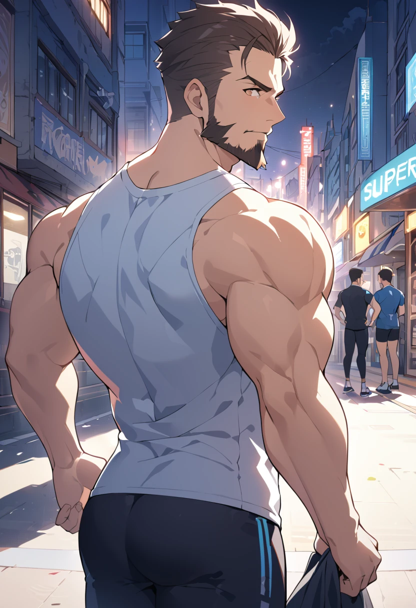 best qualityer, work of art, Super high resolution, detailed back ground, 真实感, Illustrations, Solteiro, ****ung boy, Street, muscle, volumetric lighting, Depth of field, facial hair, fitness instructor