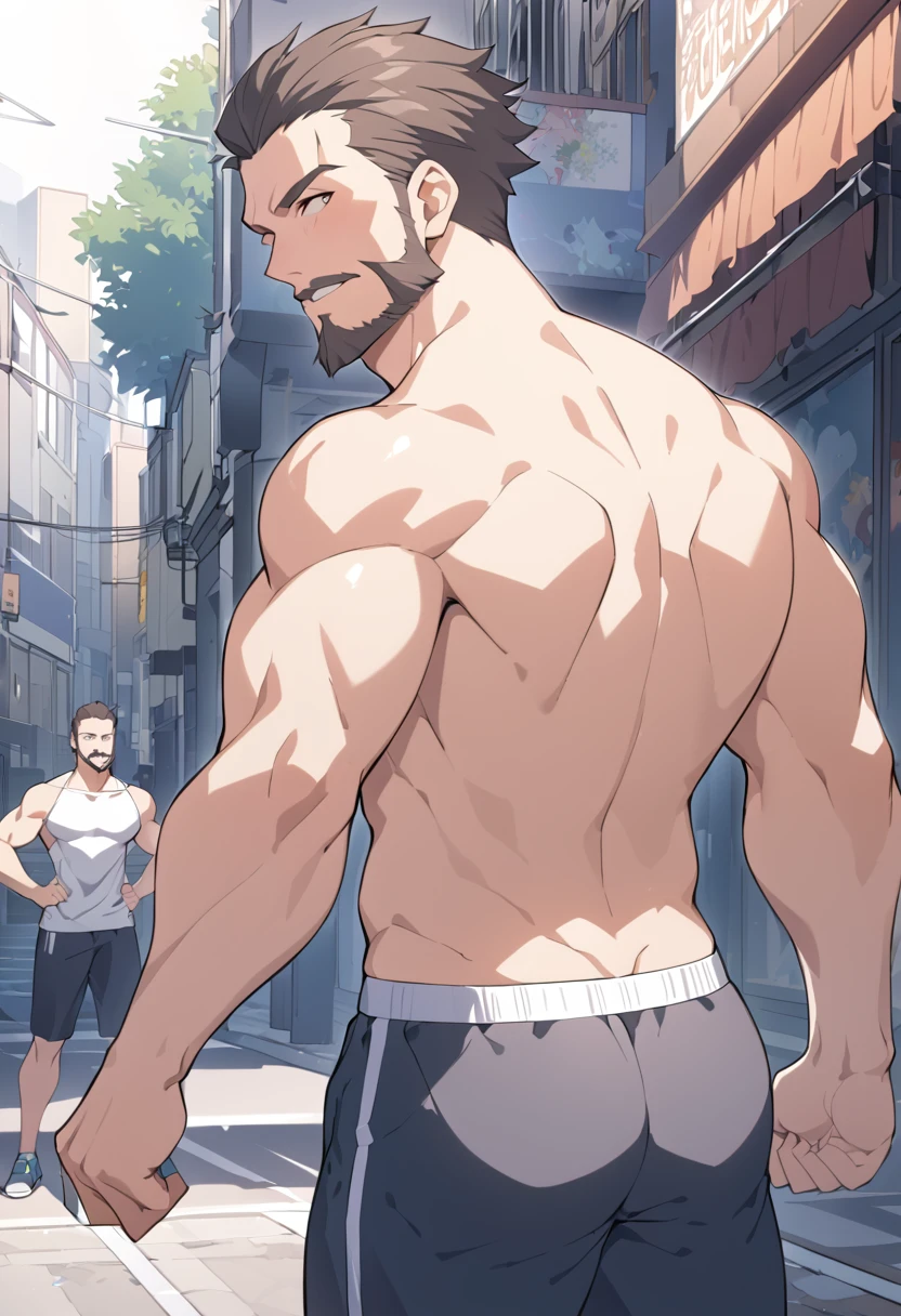 best qualityer, work of art, Super high resolution, detailed back ground, 真实感, Illustrations, Solteiro, ****ung boy, Street, muscle, volumetric lighting, Depth of field, facial hair, fitness instructor