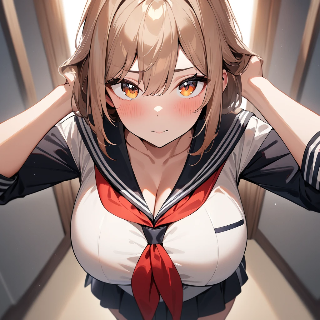 1 girl,Solo,light brown hair,impossible,sailor,big breast,masterpiece,best quality,very aesthetic,absurdres,bright red,looking at viewer