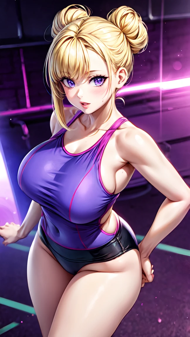 Cute anime girl in gym clothes, Blonde chignon hair, Purple eyes, Almond-shaped eyes, Big Red Lips, Light Particles, Glowing particles