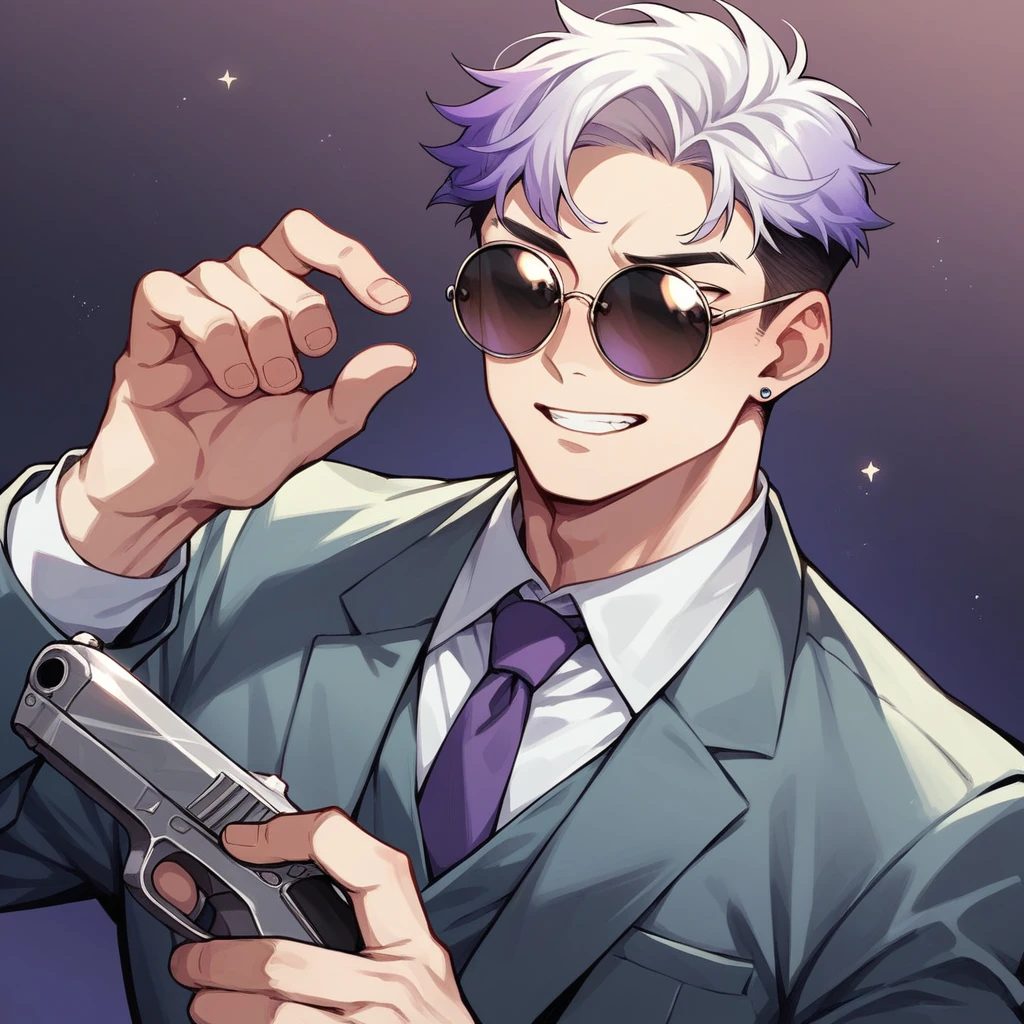 アニメ, best qualityer, white male, purple gradient hair, in a suit, round sunglasses, with a pistol