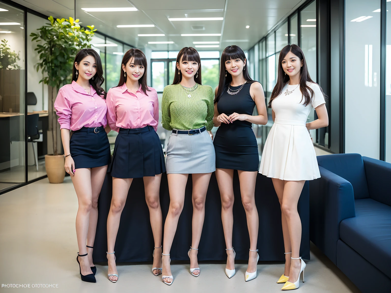 (Highest quality, masterpiece, Photorealistic, Super detailed, Ultra-high resolution, born:1.3), (Three Girls:1.3), beautiful, Japanese, mature, 28 years old, office workers, (Close bonds, Short skirt), ({Money| Silver| wine-red| navy| pink| Yellow green| violet| Sky blue} Clothes), (smile), (bangs), high waist, necklace, (office, indoor, Glass Room), (Long legs, High heels, whole body:1.2), (Big Breasts:1.3), (crowd)