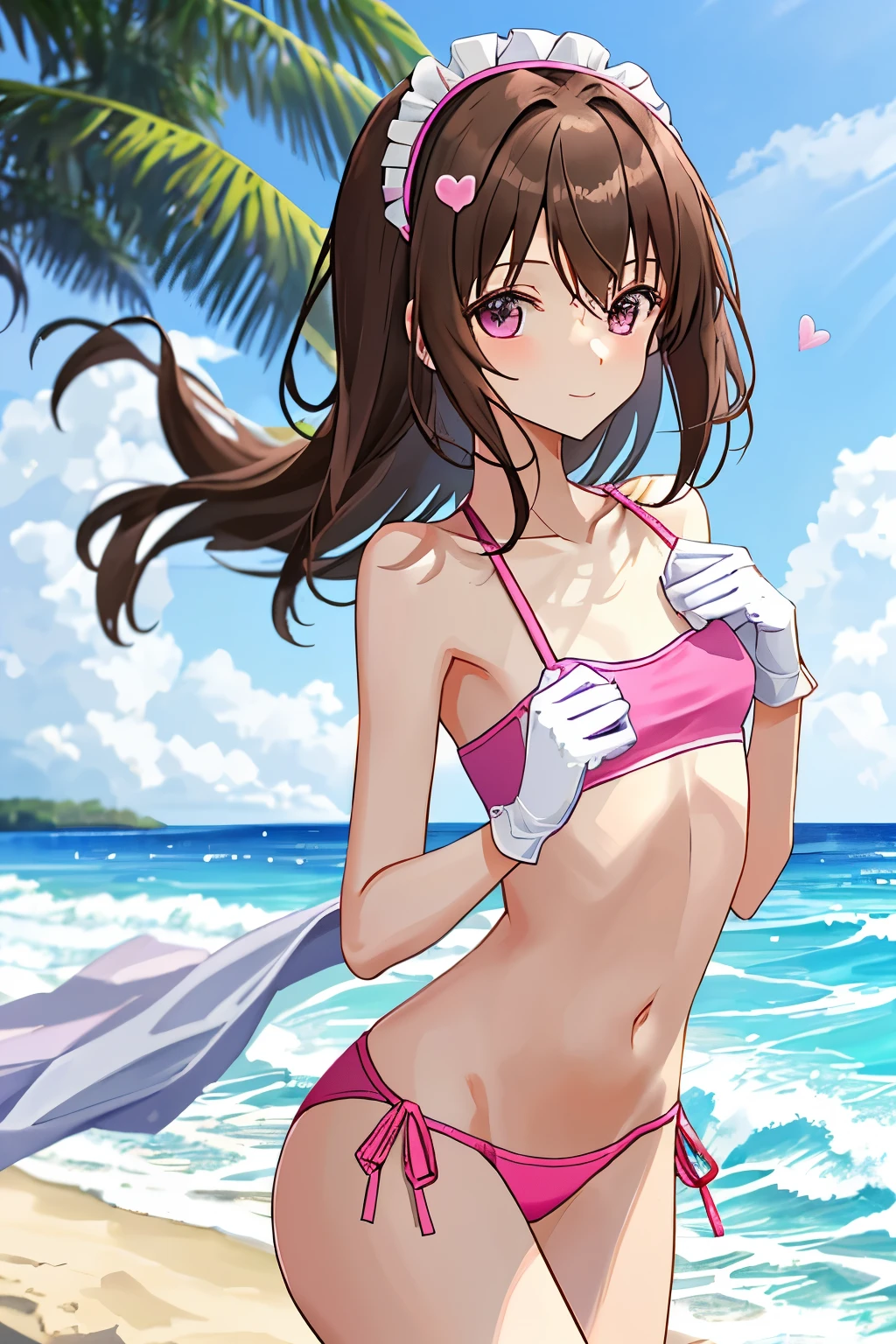 1_girl, masterpeice, energetic, (anime:1.5), (soft:1.5) (young, cute:1.8), (extremely_delicate, energetic:1.6), (thin:1.3), (beautiful:1.3), (beach_background:1.5), (dark_brown_hair:1.5), (soft_bright_pink_eyes, wearing_pink_bikini, wearing_thin_white_gloves:1.5), (cheerful_maid), soft_chin, (cute_soft_smile:1.6), age_fits_body, (small_thighs), (love_magic:1.5), (eye_level:1.3), (slim_body:1.3), (breasts)