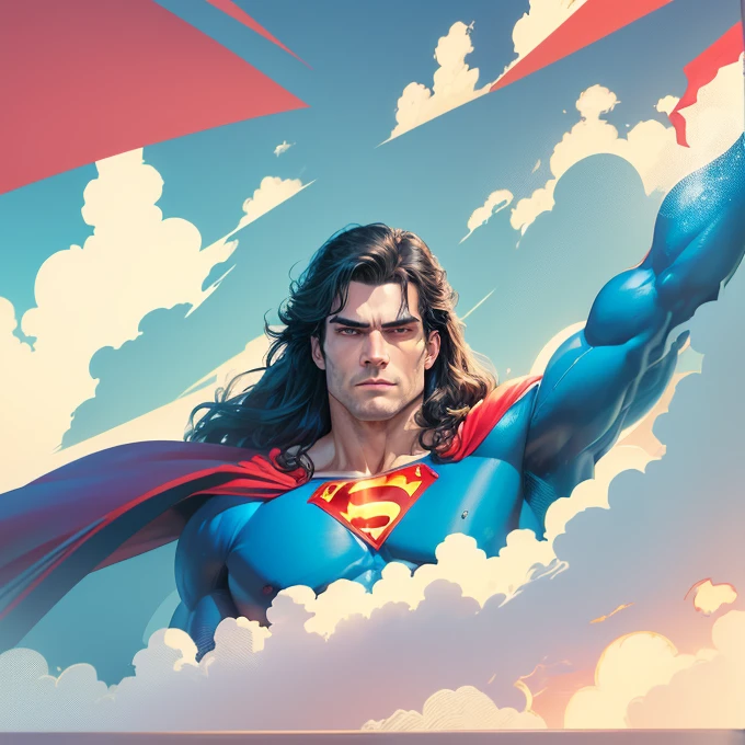 A powerful superhero with a strong jawline, intense blue eyes, and a muscular physique, Henry Cavill portrays the iconic character of Superman. Dressed in his signature red and blue spandex suit, he exudes strength and confidence. The cape billows behind him, showcasing his heroic presence. The scene is set in a bustling city, with skyscrapers and bustling streets forming the backdrop of this heroic image. The sunlight bathes the cityscape, casting a warm and vibrant glow on Superman as he soars through the air. The dynamic composition captures the essence of his superhuman abilities as he gracefully glides above the city, his red cape flowing behind him. The artwork aims to convey a sense of power, hope, and awe, with Henry Cavill embodying the ultimate symbol of strength and justice. (best quality, ultra-detailed, realistic:1.37), vibrant colors, powerful lighting.