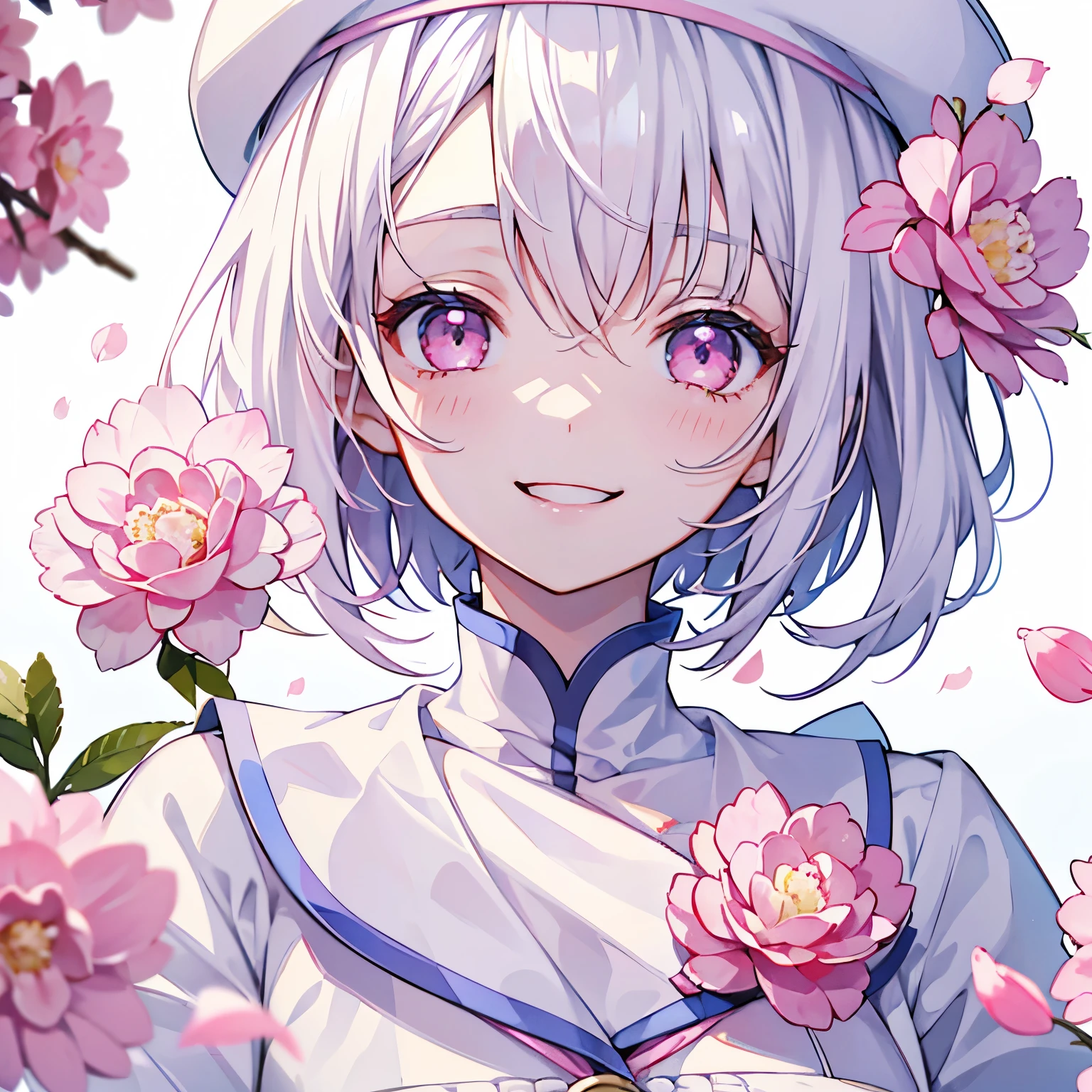European Girls,Upper body only,Close-up of face、Beautiful Face,,Pink Eyes、White beret、Short cut hair、Pure white hair,Looking into the camera、Pink clothes,Filled with pink flowers、cute、A cheerful smile、A big smile