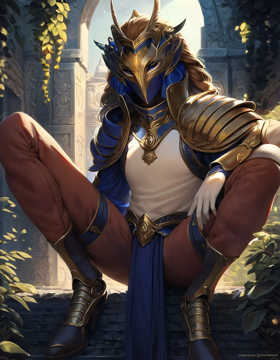 A man with short golden hair slicked back, his face entirely obscured by a Dynastinae concept mask, full mask, cold gaze, clad in an indigo blue fantasy-style Dynastinae concept chest plate, his arms and legs are clad in matching armor, he wears a white undershirt and trousers with golden stripes, standing within a magnificent fantasy-style palace, this character embodies a finely crafted fantasy-style masked light armor warrior in anime style, exquisite and mature manga art style, high definition, best quality, highres, ultra-detailed, ultra-fine painting, extremely delicate, professional, perfect body proportions, golden ratio, anatomically correct, symmetrical face, extremely detailed eyes and face, high quality eyes, creativity, RAW photo, UHD, 32k, Natural light, cinematic lighting, masterpiece-anatomy-perfect, masterpiece:1.5