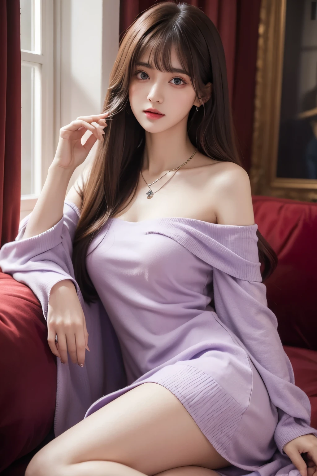 Off-shoulder dress, best quality, high resolution, 1 girl, Super high resolution, Solitary, stocking, Purple Eyes, , Long hair, Bangs,necklace