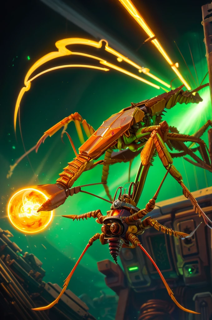 ((best quality)), ((masterpiece)), (detailed), A mechanical praying mantis with a glowing power supply on its back in the art style of magic The gathering plane of kaladesh