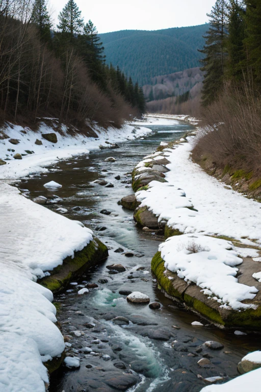 a frozen river with vegetation on the right side and rocks 
