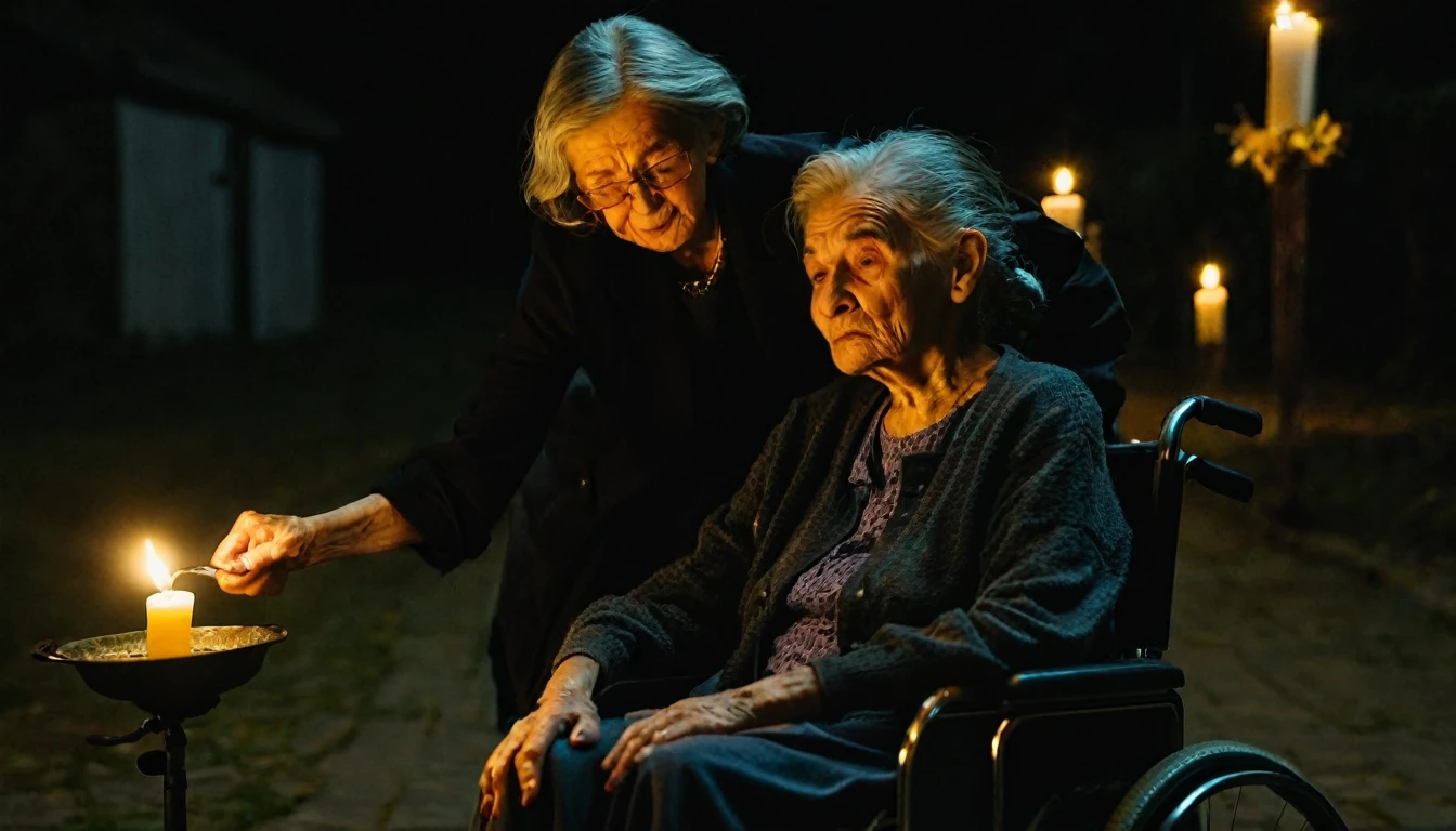 Ugliest old woman in a wheelchair, woman helping to push, dark atmosphere, little candlelight