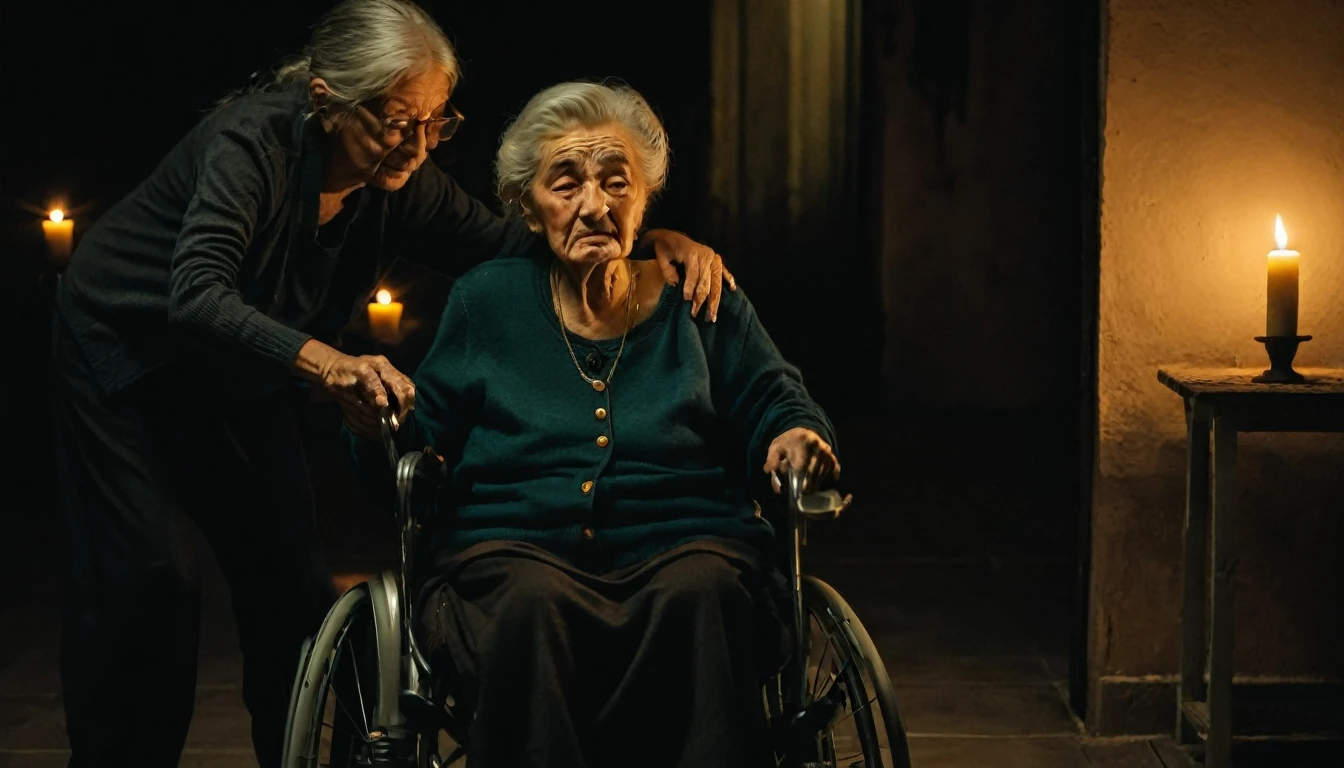 Ugliest old woman in a wheelchair, woman helping to push, dark atmosphere, little candlelight