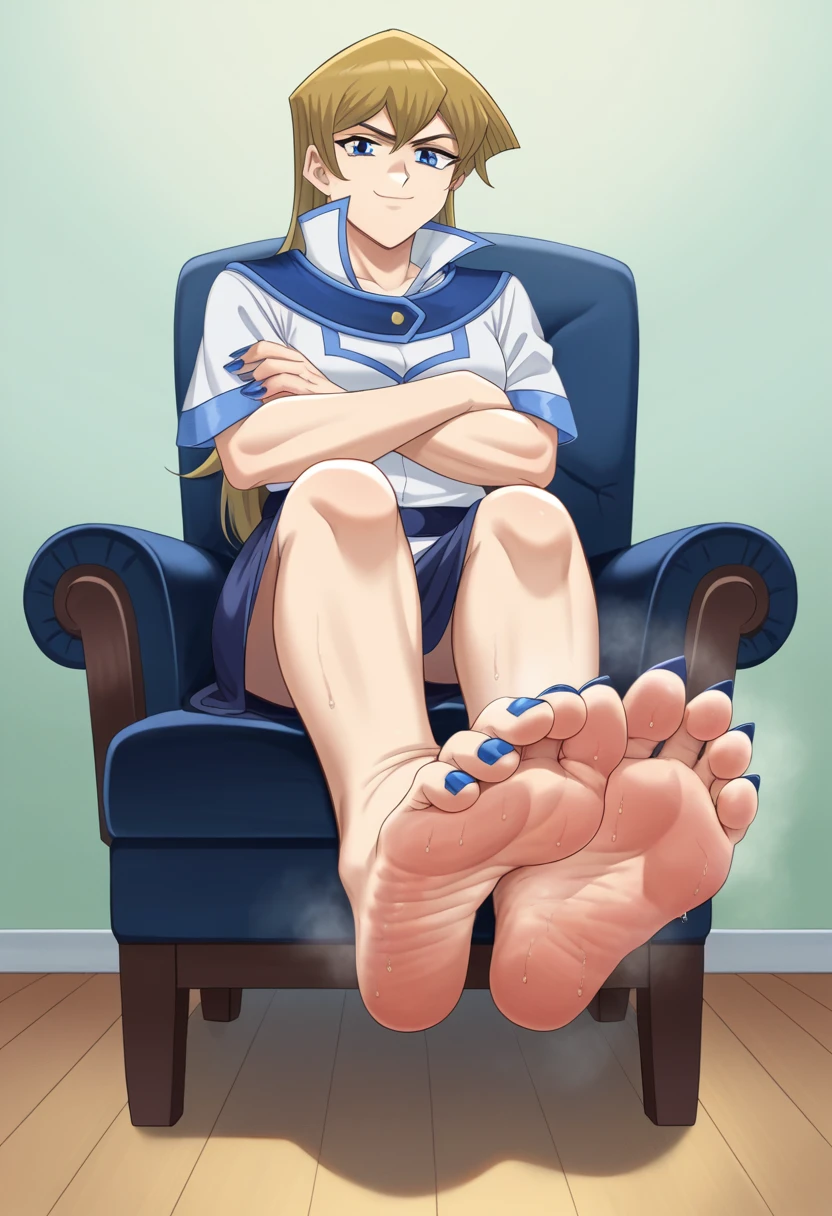 score_9, score_8_up, score_7_up, score_6_up, score_5_up, score_4_up, BREAK source_anime, 1girl, blonde hair, sitting on leather armchair, wearing a nightgown, crossed arms, arms crossed, anoyed, arrogant, feet on footstool, in expensive room, old-fashioned room, feet propped up, showing her feet, soles, feet focus, Looking at Viewer, sole, Barefoot soles、Smelly、5 toes、Sole Focus、Open your toes、Bare legged、bare-legged, Close-up of the soles of the feet，scrunched sole, Exposing the soles of the feet, 2 inch long toenails, toenails like squareshaped claws, talons, royal blue talons, focus on extra long royal blue toenails, royal blue nail polish, french pedicure, blue  toenails, blue frenchnails, extra long blue square toenails, sweaty soles, smelly, smirks, nsfw, mature