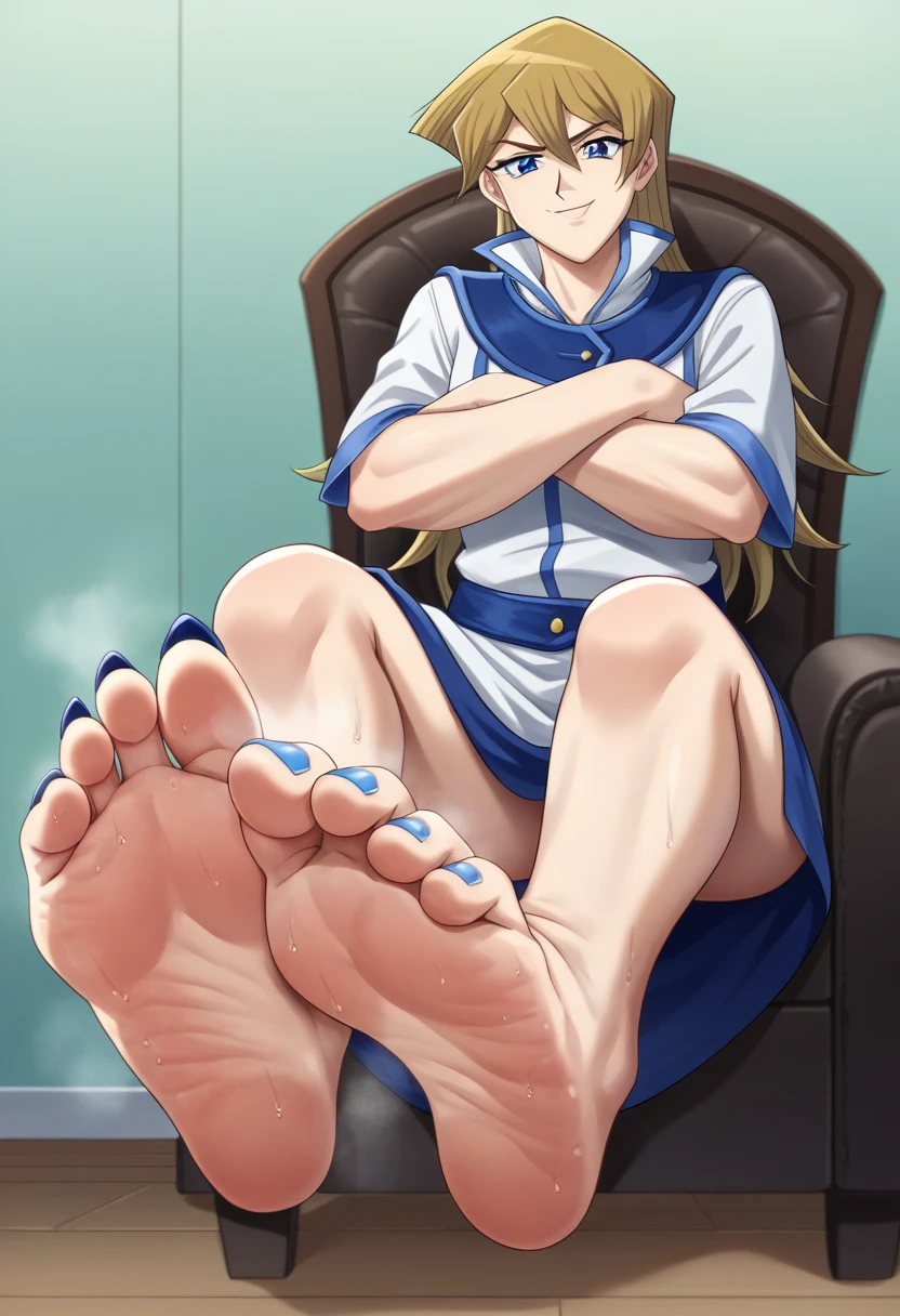 score_9, score_8_up, score_7_up, score_6_up, score_5_up, score_4_up, BREAK source_anime, 1girl, blonde hair, sitting on leather armchair, wearing a nightgown, crossed arms, arms crossed, anoyed, arrogant, feet on footstool, in expensive room, old-fashioned room, feet propped up, showing her feet, soles, feet focus, Looking at Viewer, sole, Barefoot soles、Smelly、5 toes、Sole Focus、Open your toes、Bare legged、bare-legged, Close-up of the soles of the feet，scrunched sole, Exposing the soles of the feet, 2 inch long toenails, toenails like squareshaped claws, talons, royal blue talons, focus on extra long royal blue toenails, royal blue nail polish, french pedicure, blue  toenails, blue frenchnails, extra long blue square toenails, sweaty soles, smelly, smirks, nsfw, mature