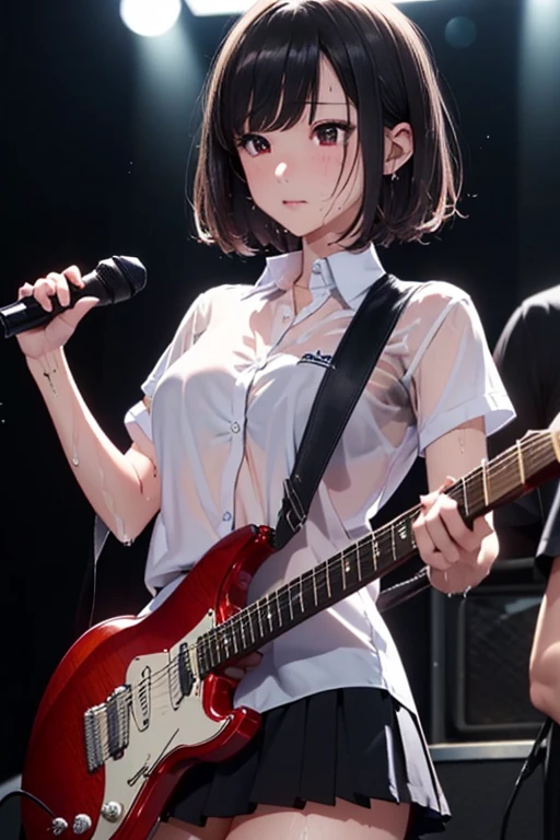 (((NSFW)))、((Masterpiece, Highest quality、Super detailed, Attention to detail))、Tabletop、girl、((high school girl、Black Hair、Short Hair、Slit eyes、Red Eyes、eight-headed body、Model-like style、Slender、School uniforms))、(White Shirt、Black Skirt、Black knee-high socks、Black Loafers)、Silver earringultiple silver accessories、Silver Ring、Silver Ring、bandギャル、(((Red electric guitar)))、(((地下のliveハウス、live、band、Dim lighting、Standing and playing guitar)))、((live中、Playing the guitar、In front of the audience))、((No bra、No underwear))、(((Sweating a lot、Sweat dripping、Sweat vapor)))、(((Body odor、odor)))、((暑汗odor、Clothes get wet、Clothes are see-through))、((Love juice overflows from the vagina))