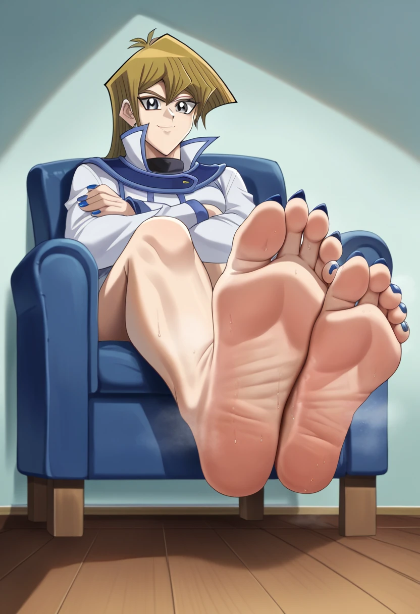 score_9, score_8_up, score_7_up, score_6_up, score_5_up, score_4_up, BREAK source_anime, 1girl, blonde hair, sitting on leather armchair, wearing a nightgown, crossed arms, arms crossed, anoyed, arrogant, feet on footstool, in expensive room, old-fashioned room, feet propped up, showing her feet, soles, feet focus, Looking at Viewer, sole, Barefoot soles、Smelly、5 toes、Sole Focus、Open your toes、Bare legged、bare-legged, Close-up of the soles of the feet，scrunched sole, Exposing the soles of the feet, 2 inch long toenails, toenails like squareshaped claws, talons, royal blue talons, focus on extra long royal blue toenails, royal blue nail polish, french pedicure, blue toenails, blue frenchnails, extra long blue square toenails, sweaty soles, smelly, smirks, nsfw, mature, yu gi oh cards on floor