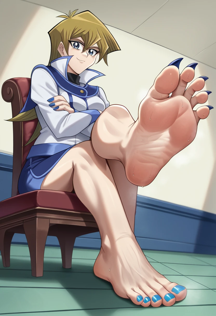 score_9, score_8_up, score_7_up, score_6_up, score_5_up, score_4_up, BREAK source_anime, 1girl, blonde hair, sitting on leather armchair, wearing a nightgown, crossed arms, arms crossed, anoyed, arrogant, feet on footstool, in expensive room, old-fashioned room, feet propped up, showing her feet, soles, feet focus, Looking at Viewer, sole, Barefoot soles、Smelly、5 toes、Sole Focus、Open your toes、Bare legged、bare-legged, Close-up of the soles of the feet，scrunched sole, Exposing the soles of the feet, 2 inch long toenails, toenails like squareshaped claws, talons, royal blue talons, focus on extra long royal blue toenails, royal blue nail polish, french pedicure, blue toenails, blue frenchnails, extra long blue square toenails, sweaty soles, smelly, smirks, nsfw, mature, yu gi oh cards on floor